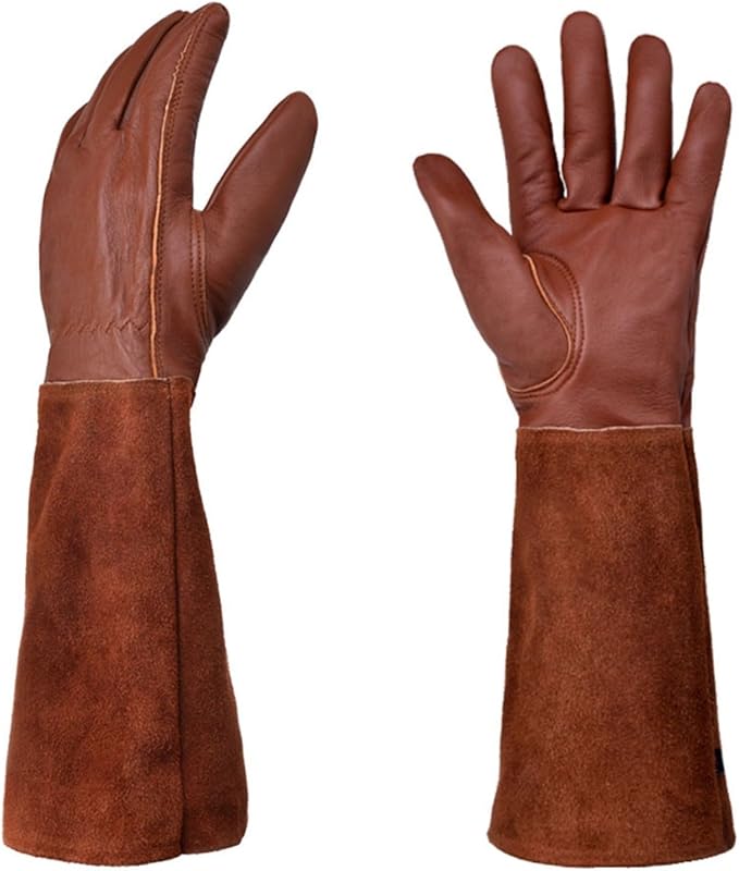 Thorn-Proof Leather Garden Gloves Long Forearm Split Cowhide Goatskin Padded Palm For Men And Women Pruning Roses Yard Work(M)