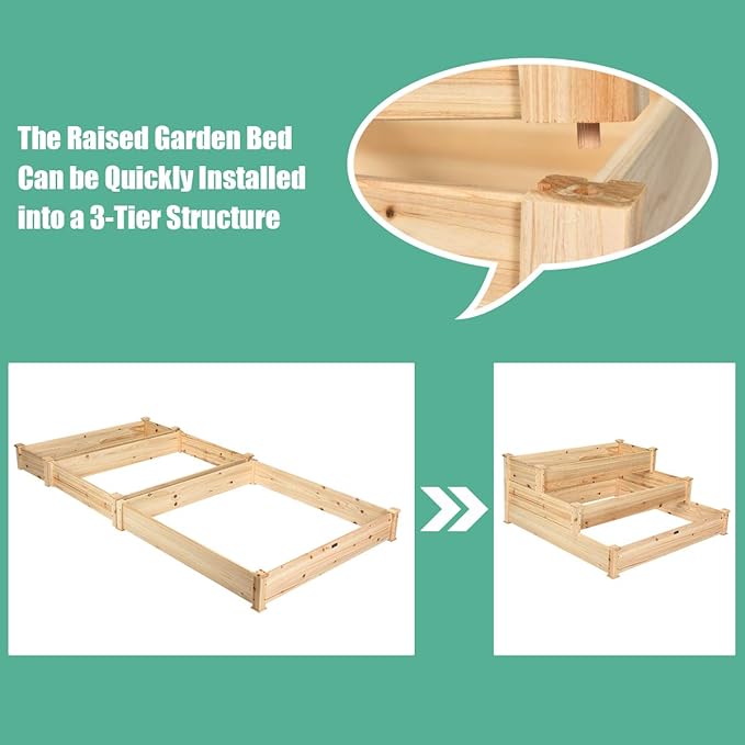 S AFSTAR 3-Tier Raised Garden Bed, Wood Elevated Planter Box with 3 Dividable Bed Kit, Outdoor Above Ground Garden Beds for Plants Herbs Vegetables, Stackable & Flat Arrangement, 49"L x 49"W x 22"H