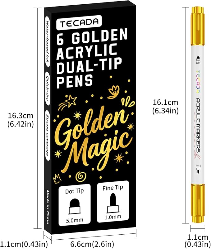6 Gold Acrylic Paint Markers, Dual-Tip Acrylic Paint Pen for Rock, Fabric, Wood, Plastic, Canvas, Ceramic, Glass, Metal, DIY Crafts Art Supplies, Dot and Fine Tips