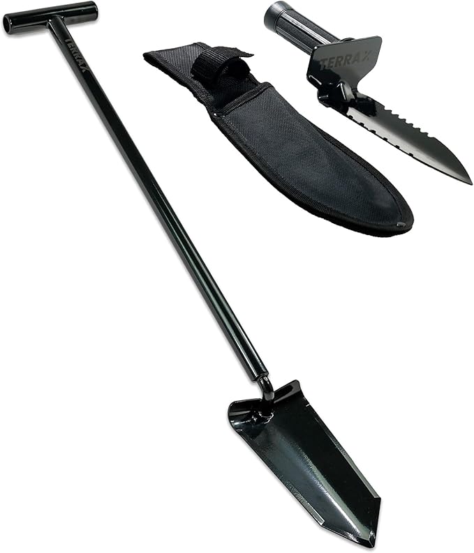TerraX Master Digger 34" Root/Sod T-Handle Shovel and Double Serrated Hand Digger with Belt Sheath - Landscaping, Gardening, Metal Detecting, Gold Prospecting