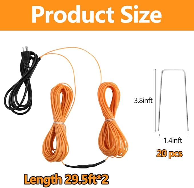 59Ft Soil Heating Cable with Thermostat, Rubber Heated Warming Cable for Seed Starting, Outdoor Greenhouse, Cold Frame & Garden Beds, Plant Root Winter Protection Kit Includes Ground Stakes