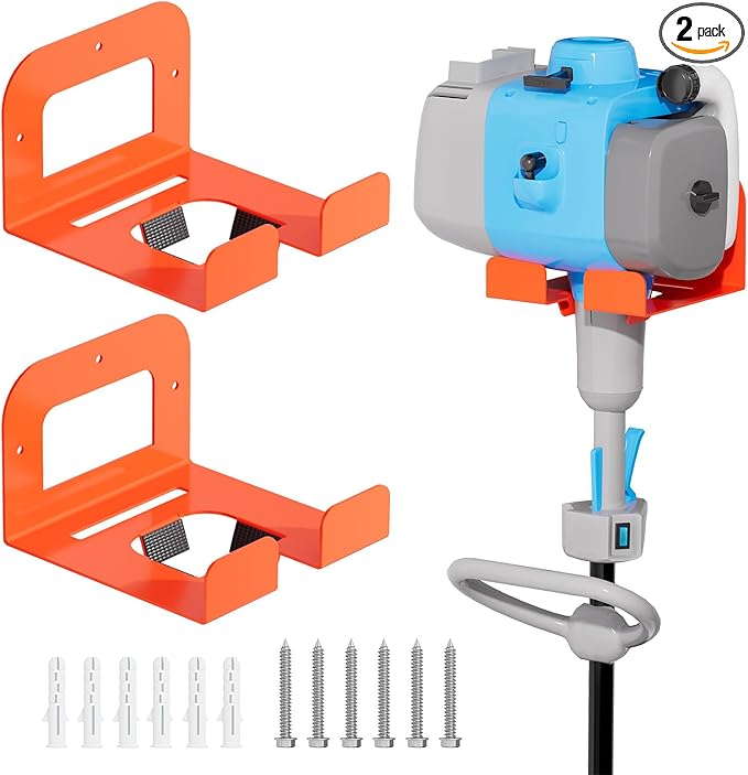 Weedeater Rack, Garage Organization Wall Hangers, Garden Tool Organizer Metal Trimmer Rack, Heavy Duty Hooks for Grass Trimmer, Hedge Trimmer, Garage Tools Storage, Orange 2-Pack