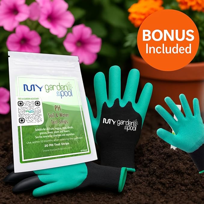 Coast of Maine AL3500 Acid-Loving Planting Soil 20 qt with My Garden Pool 7-in-1 Soil Test Strips, 20 ct. and Claw Gardening Gloves