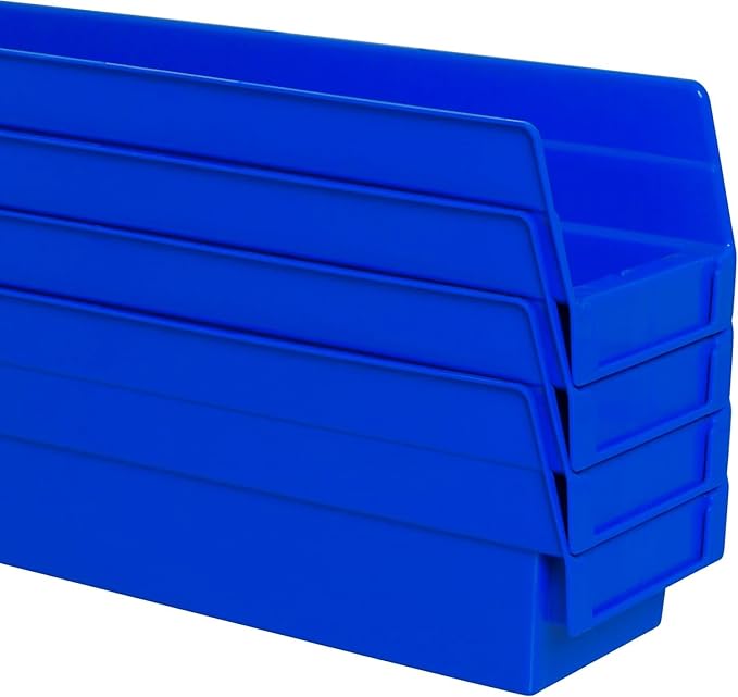 Akro-Mils 30128 Plastic Shelf Bins, Heavy Duty Storage Bins for Garage, Closet, and Drawer Organization, 18-Inch x 4-Inch x 4-Inch, Blue, 12-Pack