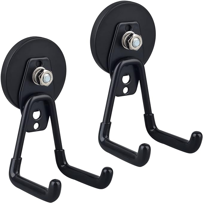 ULIBERMAGNET Large Magnetic Hooks,Strong Heavy Duty Magnet Hooks for Power Drill,Broom,Garden Tools,Pegboard,Garage,Workshop,Hardware, 2 Pack Magnet Storage Holder for Indoor Outdoor Hanging(Black)