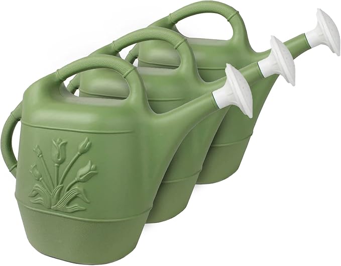 Union Products 63066 2 Gallon Plastic Indoor/Outdoor Watering Can w/ Tulip Design for Garden, Potted Plants, & Patio Pots, Sage Green Color, 3 Pack