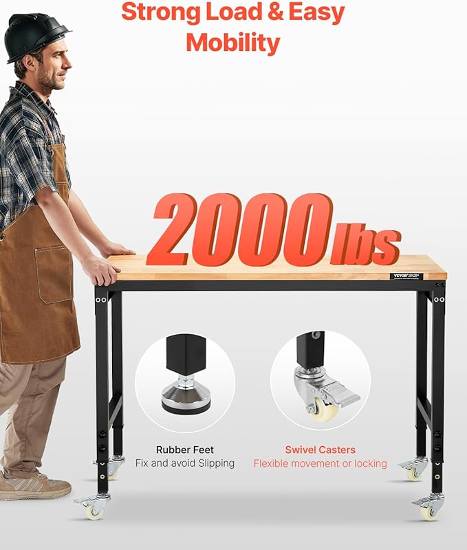 VEVOR Adjustable Workbench, 48-Inch Work Bench with Power Outlet, Wheels, and Pegboard, 2000 lbs Load Heavy Duty Oak Wood Top Work Table for Garage, Workshop, Office, and Home