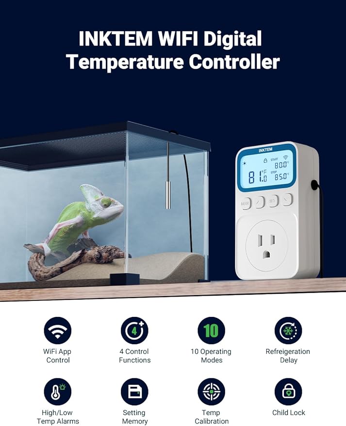 WiFi Plug in Thermostat Outlet, Temperature Controlled Outlet Space Heater, Duration Timer & Smart Memory Digital Temp Controller -40~212℉, IP67 Waterproof Probe for Incubator Homebrew Reptile