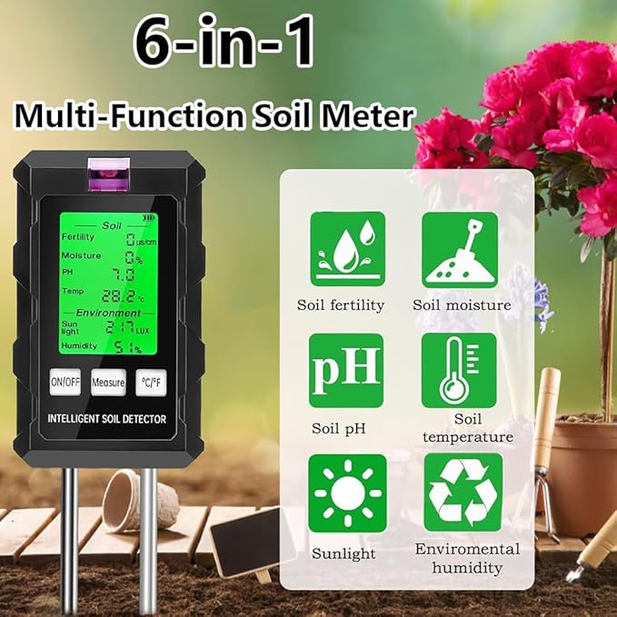 6-in-1 Soil Tester,with Dual Probes, Capable of Measuring Soil Ph, Moisture, Temperature, Fertility, and Light Intensity, Features a Backlit Display,for Home,Gardening,Plant Cultivation
