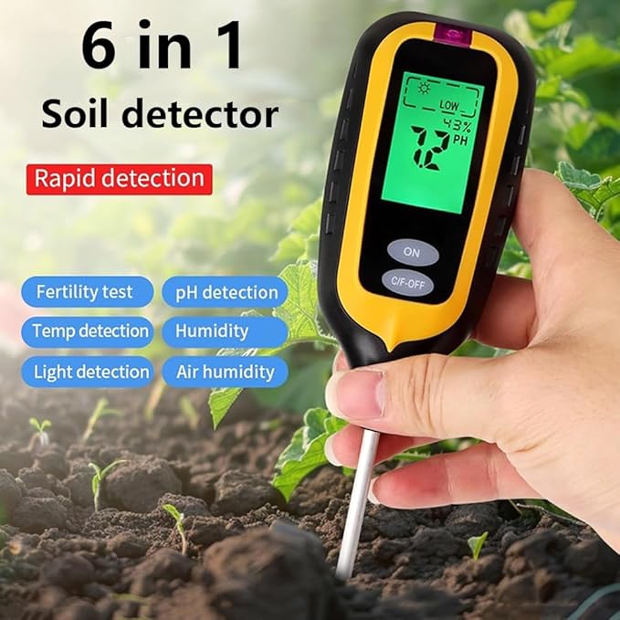 Soil Tester 6-in-1 Digital Soil Moisture Meter Measures Soil Ph, Humidity, Temperature, Light Intensity, Soil Efficiency and Air Humidity with LCD Display, Ideal for Gardening