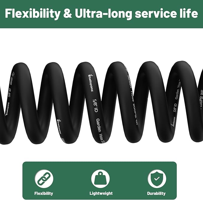 200 ft Garden Hose, 5/8 in Heavy Duty Water Hose, Flexible and Durable, Lightweight Rubber Hybrid Hose, Leak-Free Connections, Male to Female 3/4'' Brass Fittings for Patio, Lawn, Black