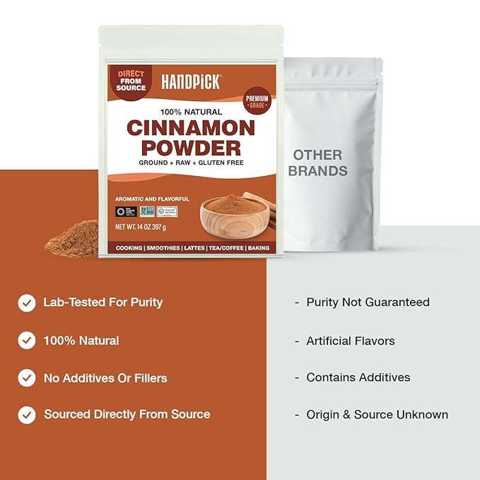 HANDPICK, Cinnamon Powder (397g/14oz) Non GMO, Gluten Free, 100% Raw, Sourced from South India, For Cooking, Smoothies, Lattes, Tea, Packed in Resealable Ziplock Pouch