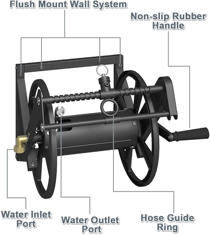 Wall Mounted Reciprocating Garden Hose Reel with Hose Guide, Outdoor Heavy Duty Metal Water Hose Holder Storage Rack Holds 125ft of 5/8'' Hose with Brass Fitting & 3.9ft Leader Hose, Black