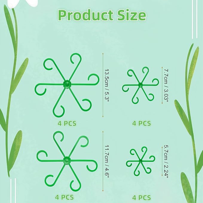 Plant Support Stakes 16-Pack, 4 Size Adjustable Green Gardening Stakes with Soft Clips, Sturdy Stem Supports for Indoor Outdoor Plants Like Monstera, Pothos, Tomatoes to Prevent Falling Over