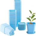 foxany 3" Plants Nursery Pot, 30 Pcs Thick Plastic Square Flower Planting Pots, Plant Seedling Pots, 30 Seed Starting Pots with 30 Saucers -Blue
