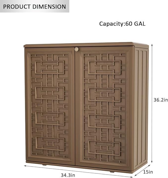 KINYING Outdoor Storage Cabinet Waterproof, Resin 62 Gallon Storage Box for Patio Furniture Cushions, Garden Tools, Pool Accessories (Dark Brown with 1 Shelving)
