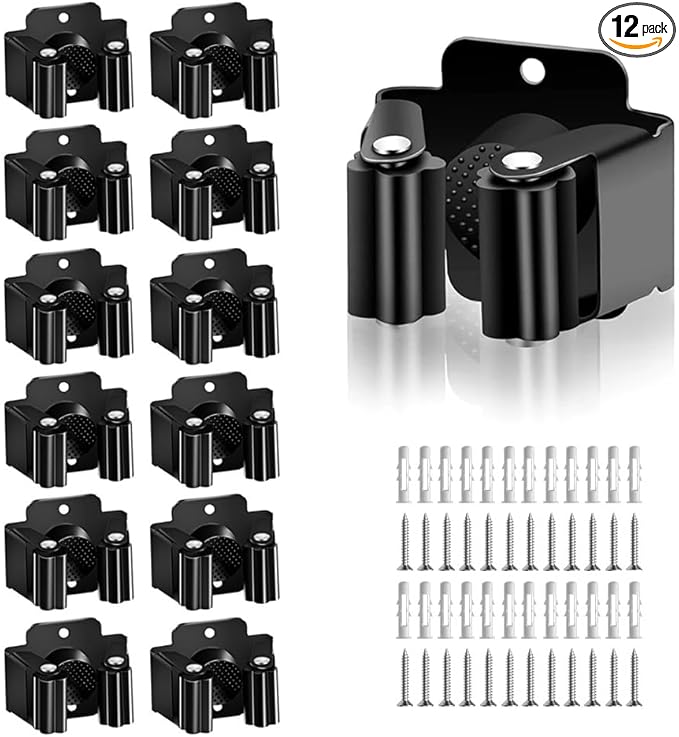 AKOAK Broom and Mop Rack Holder, Wall Storage Organizer, Screw Mount, Garden Tool Organizer Stainless Steel Mop Rack, Home, Kitchen, Bathroom, Garden, Garage Storage (12 PCS, Black)