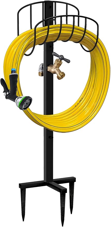 Freestanding Garden Hose Holder Stake with Brass Faucet, Heavy Duty Metal Water Pipe Storage Stand Rack for Outdoor