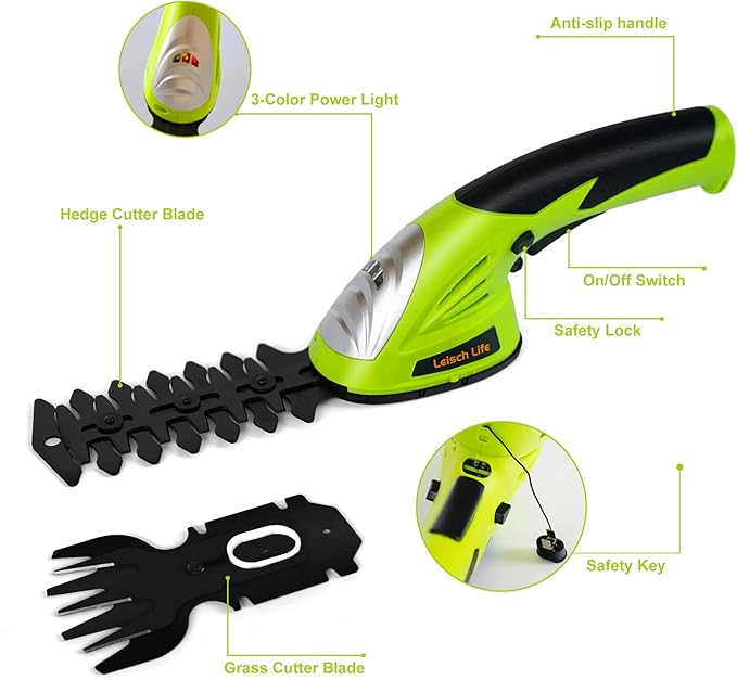 Leisch Life Cordless Grass Shear & Shrubbery Trimmer - 7.2V 2 in 1 Handheld Hedge Trimmer Electric Grass Trimmer Hedge Shears w/Pruning Scissor Rechargeable Lithium-Ion Battery and Charger Included