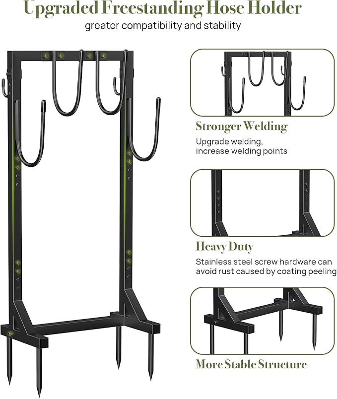 Winpull Garden Hose Holder, Metal Freestanding Hose Stand with 4 Spikes, Holds up to 150FT Hose, Sturdy Hose Reel Alternative, Heavy Duty Hose Storage for Outside Yard Lawn