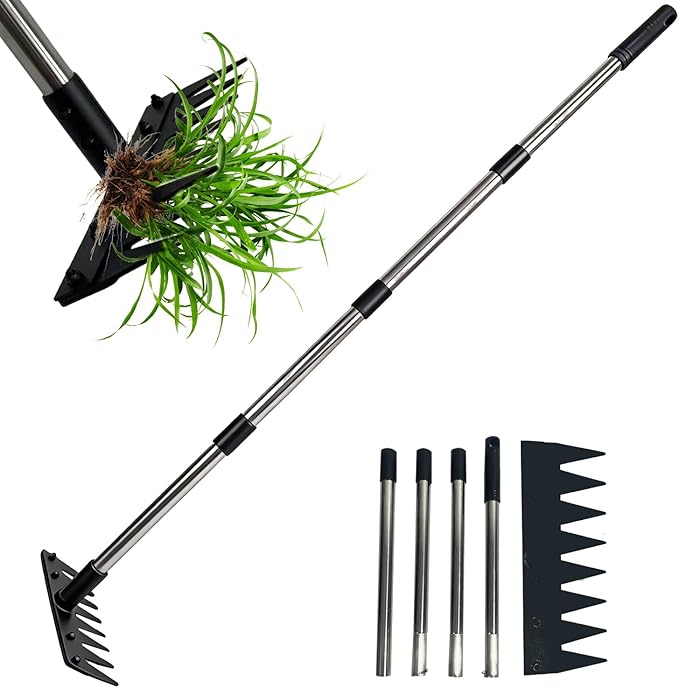 Weed Puller Tool Stainless Steel 8 Tines Manual Weeder Tool with Adjustable Length Handle, Weeder Rakes for for Yard, Patio, Lawn and Garden