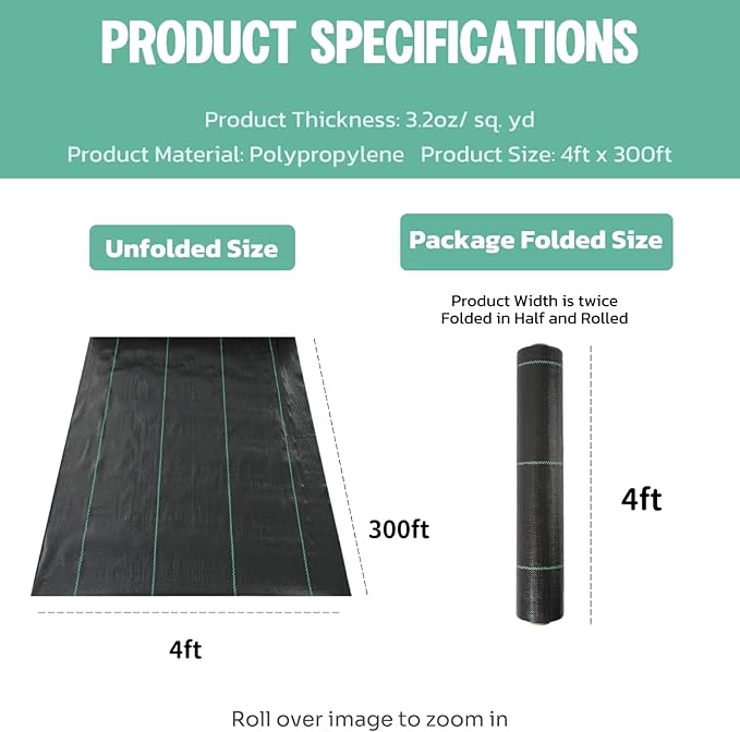 4ft*300ft Heavy Duty Landscape Fabric - 3.2oz UV Resistant Weed Barrier Fabric, High Permeability Garden Ground Cover for Weed Control, Durable Geotextile Underlayment for Driveways & Flower Beds