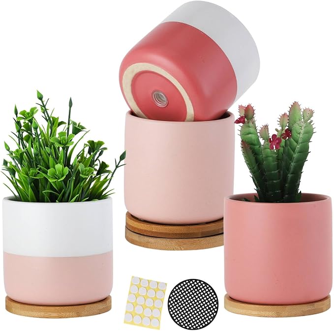 TAMAYKIM 4 Inch Ceramic Plant Pots with Drainage Holes, Small Contrast Style Flower Planter Pot with Tray for Indoor Plants, Succulent, Snake Plants, Cactus & Herbs, Set of 4