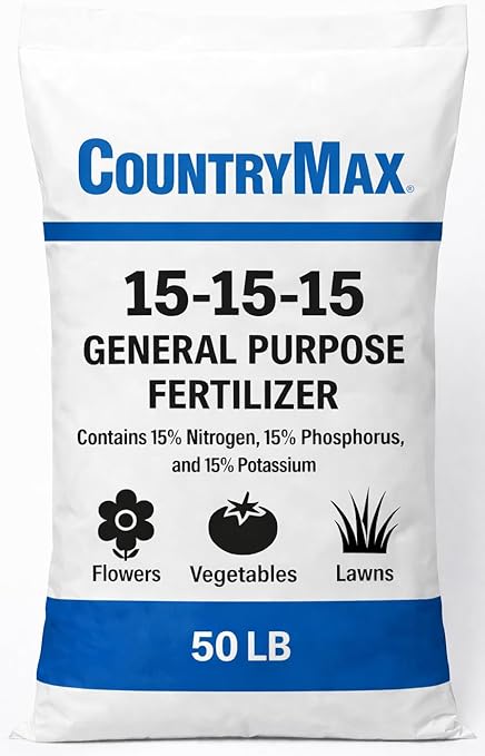 CountryMax 15-15-15 All Purpose Fertilizer, 50 lb Bag, Balanced Nutrition for Flowers & Vegetable Beds, Raised Gardens, Lawns & Grass, Supports Soil Health and Consistent Growth