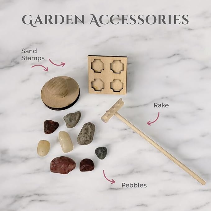 Wooden Zen Garden with Accessories Box | Moonless Night Black Sand with Rake & Accessories | Minimalist Decor Gift for Relaxation | Great for Storing Tools and Other Items
