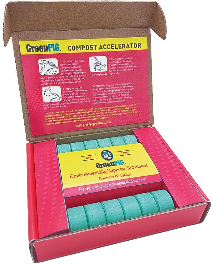 Green Pig Commercial Strength Compost Accelerator Converts Yard Waste to Fertile Humus in 30 Days and Helps Control Odors Associated with Compost Piles, 1 Box (12 Dissolvable Tablets)