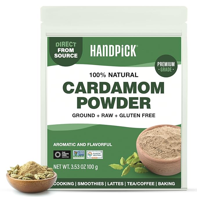 HANDPICK Cardamom Powder (100g/3.53oz) Gluten Free, Raw Ground Elaichi for Cooking, Smoothies, Lattes, Masala Tea, Packed in Resealable Zip Lock Pouch