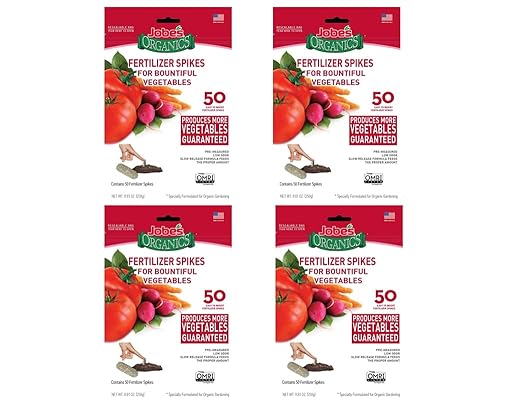 Jobe’s Organics Vegetable & Tomato Fertilizer Spikes, 2-7-4 Time Release Fertilizer for All Vegetables, Herbs and Tomato Plants, 50 Spikes per Package (4, 1 Pack)