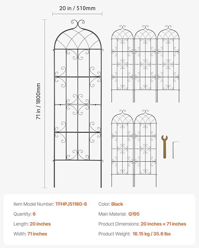 VEVOR Garden Trellis for Climbing Plants, 71 x 20 in, 6 Packs Rustproof Metal Garden Flower Trellis, Outdoor Climbing Rose Clematis Cucumbers Trellis Decorative for Courtyards Lawns