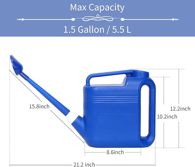 1.5 Gallon Watering Can for Outdoor & Indoor Plants, Large Garden Watering Pot with Lightweight and 5.5L Capacity, Plastic Watering Can with Long Spout and Metal Removable Sprinkler Head, Blue