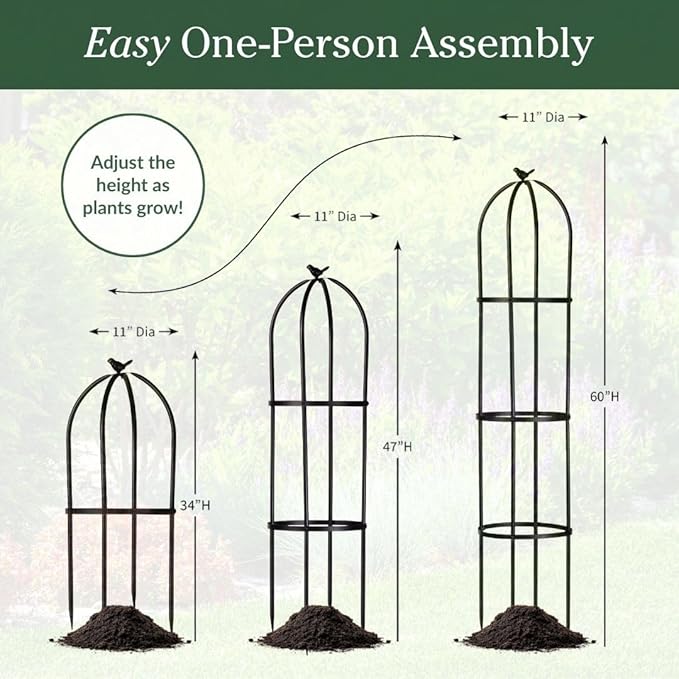 Evergreen Metal Garden Obelisk Trellis for Climbing Plants Outdoor, Indoor Plant Trellis for Potted Plants, Floral Pattern Arch Trellis (Black, 7 ft. Round, Set of 2)