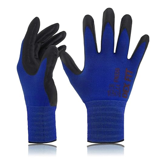 DEX FIT Nitrile Work Gloves FN330, 3D-Comfort Stretchy Fit, Firm Grip, Thin & Lightweight, Touch-Screen Compatible, Durable, Breathable & Cool, Machine Washable; Blue XL (10) 12 Pairs