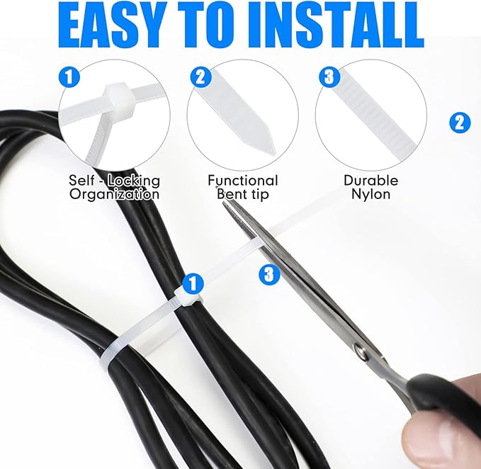 3000 Pieces Cable Zip Ties Bulk Heavy Duty Cable Ties Nylon Tie Wraps Self Locking Wire Ties for Plants Gardening Farming Grid Wall Fence Indoor and Outdoor(White, 12" (50lb))