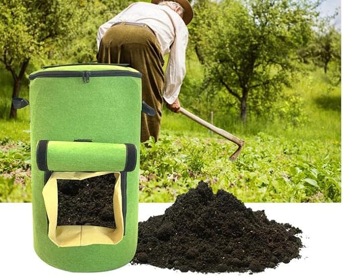 1PCS 33 Gallons Organic Compost Bag Home Garden Bag Leaf Bag Large Reuseable Heavy Duty Gardening Bags Non-Woven Foldable Garden Waste Compost Bag with Lid Handle Garden Leaf Compost Bins,Green