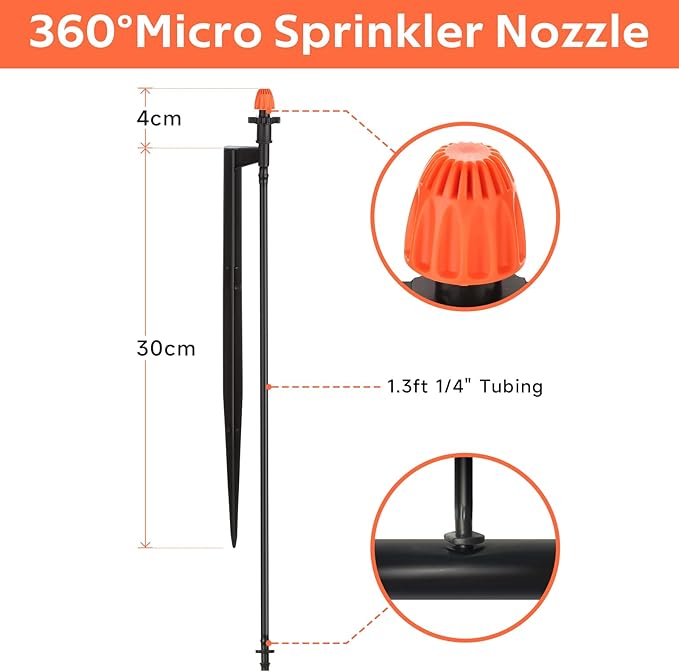 Drip Micro Sprinkler Heads with Stake: 360 Degree Sprinkler Nozzle with 1/4" Drip Irrigation Tubing - 10 Pack Drip Spray Emitters on 12 Inch Stake for Garden Water System