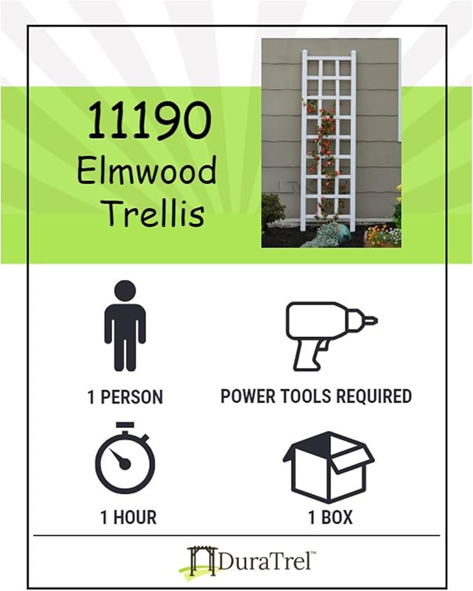 Dura-Trel Elmwood 22 by 75 Inch Indoor Outdoor Garden Trellis Plant Support for Vines and Climbing Plants, Flowers, and Vegetables, with Ground Anchors White