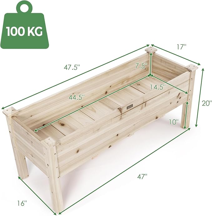 COSTWAY Raised Garden Bed, Elevated Fir Wood Planter Box for Vegetables, Herbs & Flowers – 47.5” x 17” x 20” for Backyard, Patio & Balcony