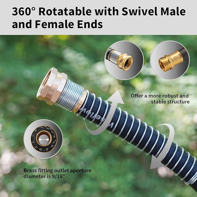 WiseFlow Garden Hose 90FT x 3/4", Heavy Duty Rubber Hose, Water Hose with Five Layered Braiding, Male Female Fittings, 1000PSI Burst, 300PSI Working (Black)