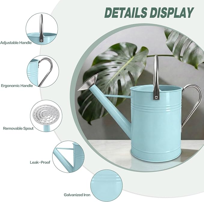 Metal Watering Can for Outdoor Plants, 1.7 Gallon Light Blue Garden Watering Can for Flower, Houseplants, Galvanized Finish