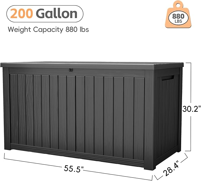 Outdoor Storage Box, Waterproof Deck Box, Outdoor Patio Storage Bin, Weatherproof (Black, 200 Gallon)