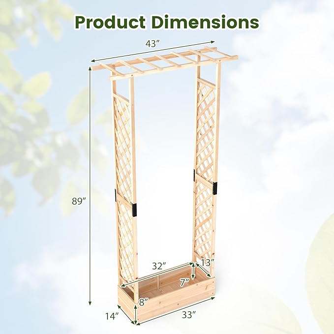 S AFSTAR Raised Garden Bed with Trellis, 2-in-1 Fir Wood Planter Box with Flat Roof & Drainage Holes, Vertical Planter Raised Bed for Climbing Plants, Flowers & Vegetables, 43" x 14" x 89" (Natural)