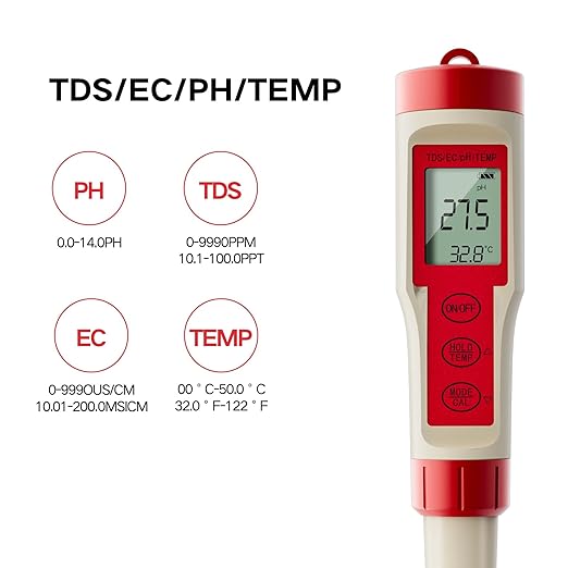 ZuanXin TDS Tester, 4 in 1 Tester with PH/TDS/EC/Temp, Pool PH Tester for Drinking Water, Swimming Pools, Hot Tubs, and Spas(red and White)