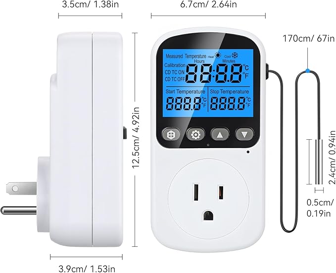 INKBIRDPLUS Temperature Controller Outlet, Smart Heating Cooling Control with 4 Timing Modes, Backlit LCD, Calibration, Ideal for Reptile, Incubation, Aquarium, Home Brewing (TC+CD)