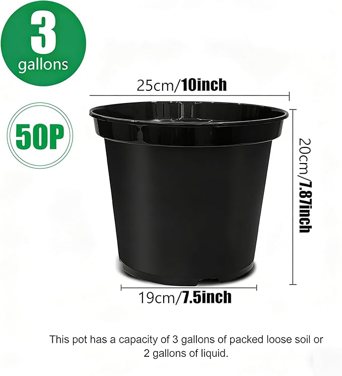 RooTrimmer 3 Gallon Plastic Nursery Pots 50 Pack, 10 Inch Round Plant Pots with Drainage Holes, Planting Pot for Outdoor Indoor Plants