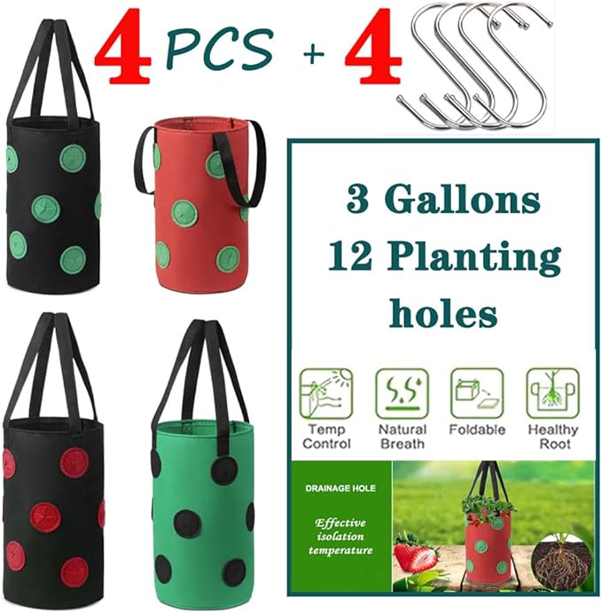4 Pcs Hanging Strawberry Planter Bags 3 Gallon Upside Down Strawberry Planter and 4 Hooks, Sturdy Hanging Handle Thickened Breathable Felt Cloth for Herb Tomato Hot Peppers Vegetables (4Pcs 3Gal)