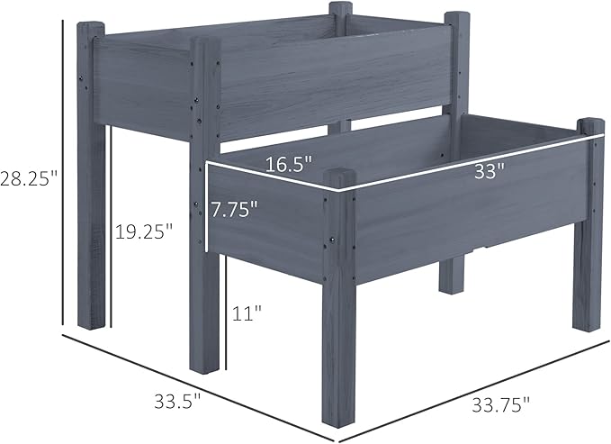 Outsunny 34"x34"x28" Raised Garden Bed, 2-Tier Elevated Wood Planter Box for Backyard, Patio to Grow Vegetables, Herbs, and Flowers, Gray